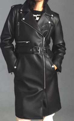 MOTHER Anthropologie Coat XS Black Faux Leather Belted Long Trench Moto NEW