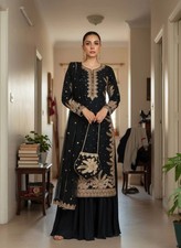 New Classy Heavy Faux Georgette Top Palazzo With Black Dupatta For Women Wear