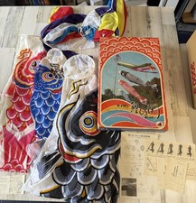 Vtg Japanese Koinobori Carp Koi Black, Red, Blue Fish Kite Windsock Box W/ Paper