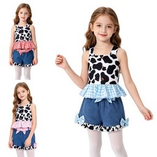Girls Set Vacation Costume Denim Shorts Outfit Performance Casual Cow Print Top