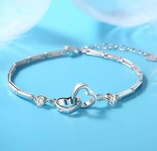 925 Sterling Silver Crystal Heart Linked Bracelet Women Girls Jewellery Gift UK