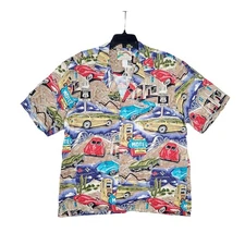 Paradise Found Hawaiian Shirt Men’s Large Multicolor Corvette Cars Motel Travel