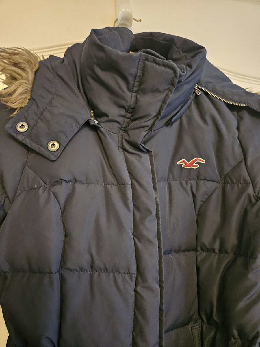 Hollister Co Down Coat Navy Blue Button Zip Puffer Jacket Faux Fur