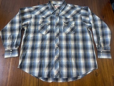 Wrangler Western Ble and White Plaid Long Sleeve Pearl Snap Shirt Size XL
