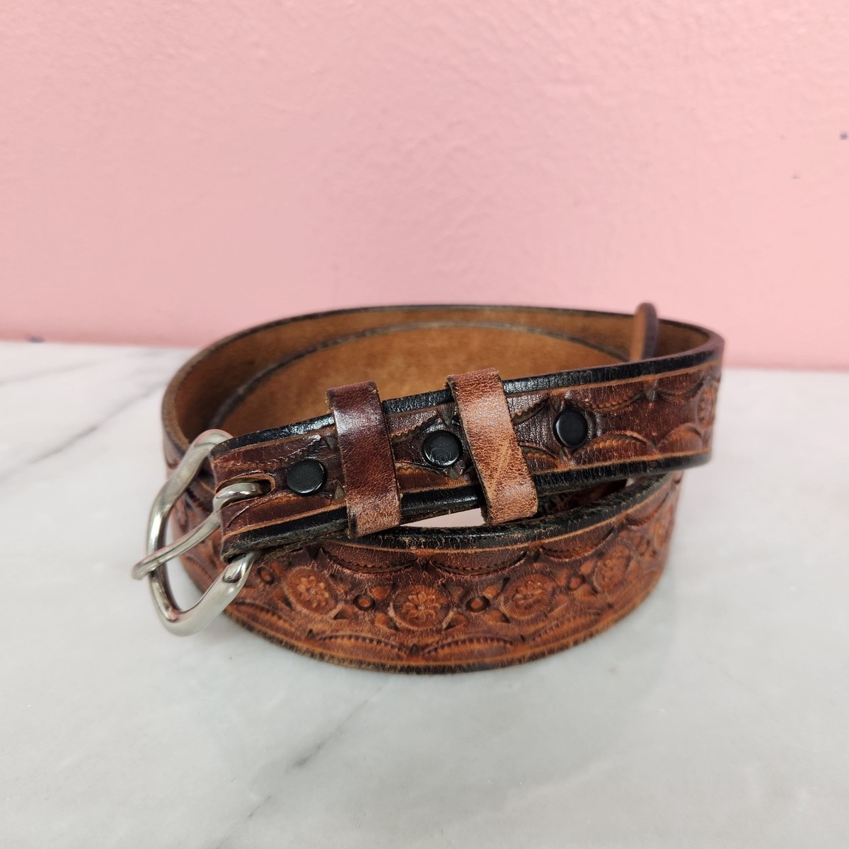Vintage Chacon Leather Belt Tooled Western Brown Size 34 USA  display picture 3