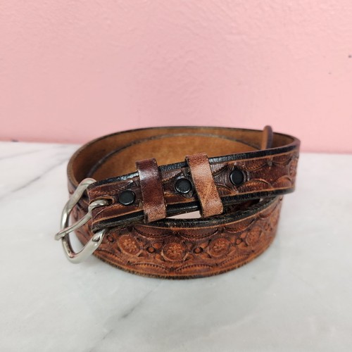 Vintage Chacon Leather Belt Tooled Western Brown Size 34 USA Solid Brass Buckle