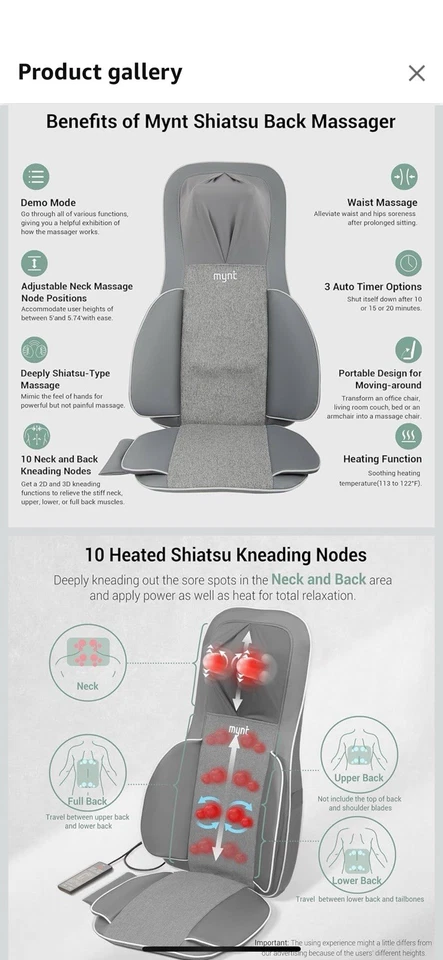 Masajeador de cuello y espalda Shiatsu 3D elegible para silla con 10 K profundo Mynt FSA HSA Foto 2 de 4