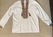 White Traditional Embroidered Long Sleeve Cotton Woven Tunic Shirt, One Size