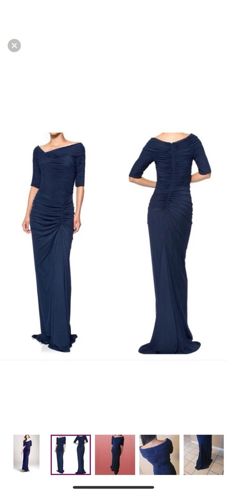 Tadashi Shoji Navy Blue Mesh Ruched Gown Small Maxi Dress Formal Cocktail - Image 4 of 4
