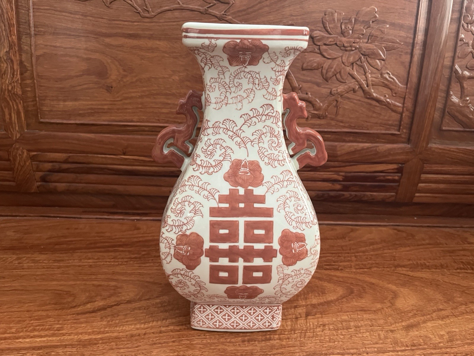 Vintage Chinese Red And White “ Double Happiness “ Porcelain Vase 12”