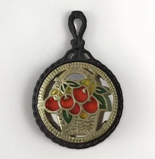 VTG Cast Iron Brass Trivet Hot Plate Wall Hanging Stained Glass Fruit Kitchen