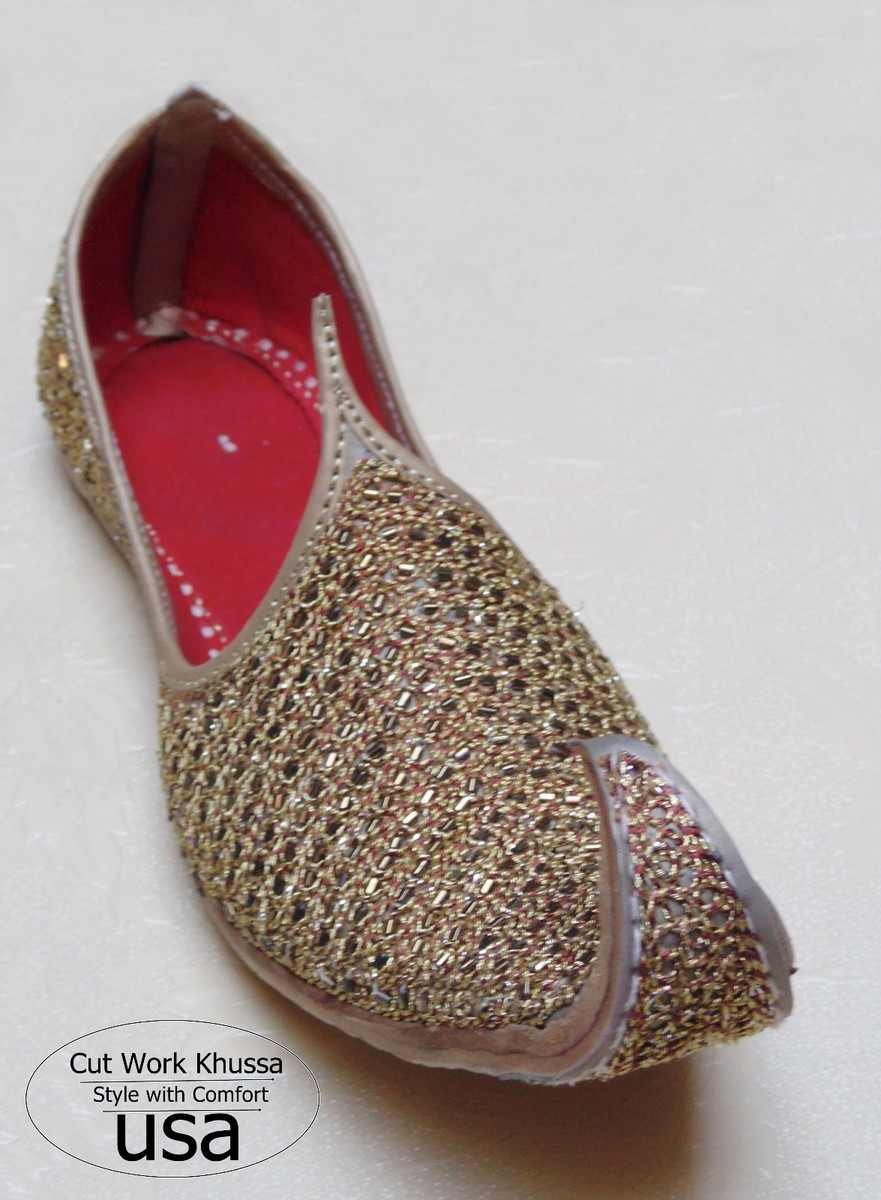 US 7-11 MEN HANDMADE GOLDEN TRADITIONAL RED CUT WORK BEADS-LEATHER