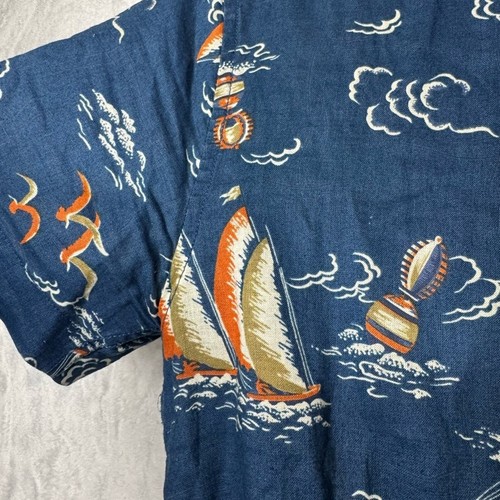 Corridor New York 100% Linen Bird Print Navy Short Sleeve Button Down Shirt - Picture 3 of 7