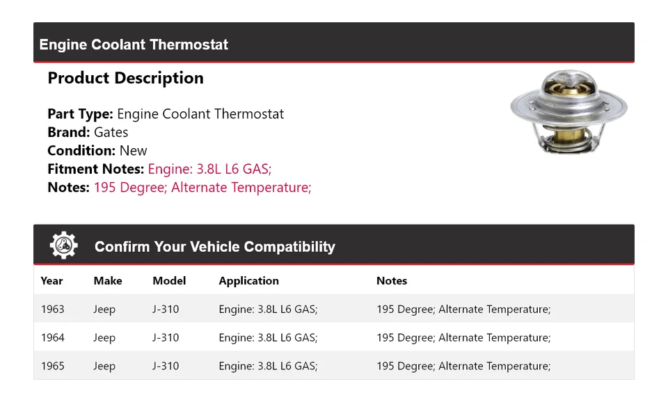 Portões termostato líquido refrigerante motor 1964 para 1963-1965 Jeep J-310 3.8L L6 - Imagem 2 de 4