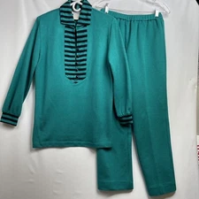 Vintage Three Flaggs Womens XS Pants Suit Tunic Top Green Black Set 2 Piece