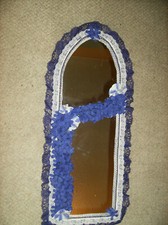 PURPLE & WHITE CATHEDRAL WALL MIRROR HAND MADE IN USA 29" X 12 LACE FLOWERS NEW