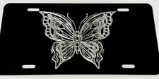 Butterfly Car Tag Diamond Etched Engraved Front License Plate Black Metal Gift