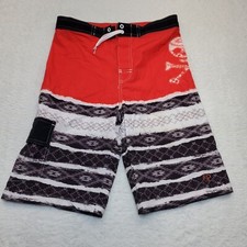 OP Ocean Pacific Youth Board Swim Short Trunks Black Red Skull Aztec XXL 18 Surf