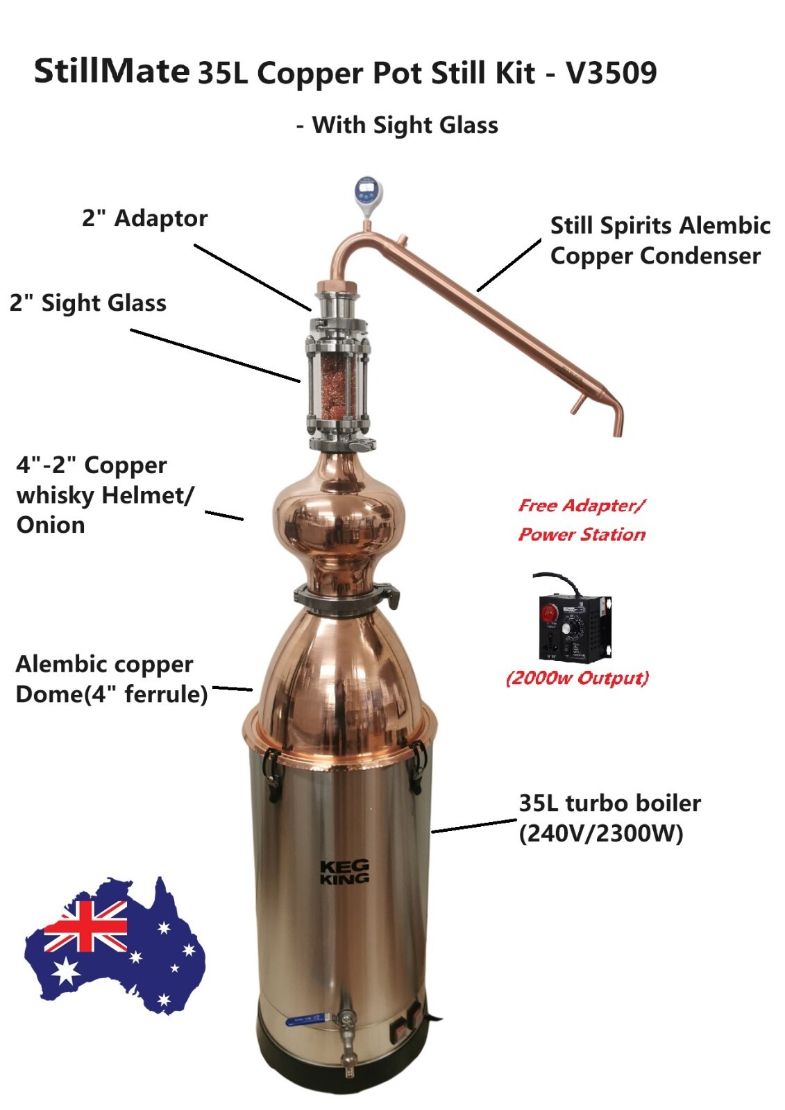 StillMate 35L Copper Pot still Kit V3509 with Copper dome/helmet whisky Making