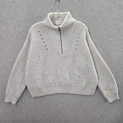 Madewell Women Sweater L Gray Pointelle Ribbed Wool Blend 1/4 Zip Long Sleeve