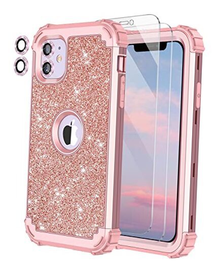 for iPhone 11 Case Glitter Sparkly Bling 3 in 1 Shockproof Heavy Rose Gold