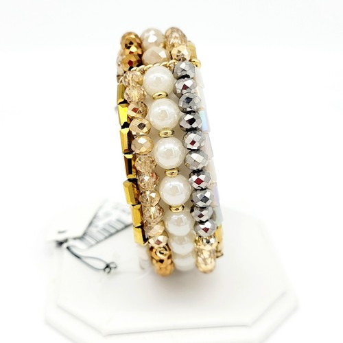 INC 5 Stränge offenes Memory Draht Armband facettierte Kristalle Gold & neutrale Töne neu mit Etikett - Bild 4 von 10