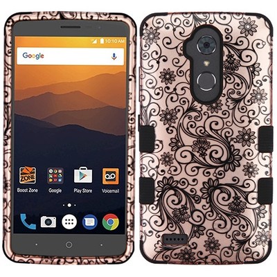 FOR ZTE Blade Max 3 Z986 Rose Gold black Leaf Clover TUFF IMPACT Skin Cover Case