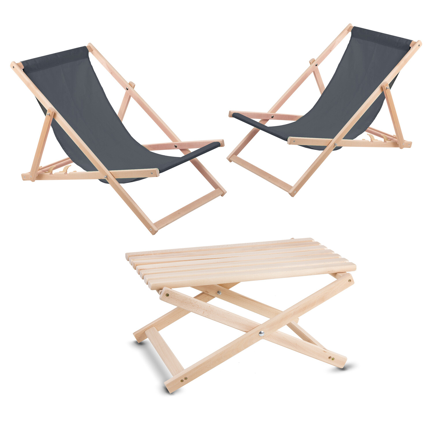 Salon de jardin WOODOK d'excellence en bois de hêtre et bains de soleil gris
