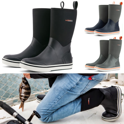 HISEA Men Fishing Deck Boots Mid-Calf Waterproof Non-Slip Mud Garden Rain Boots