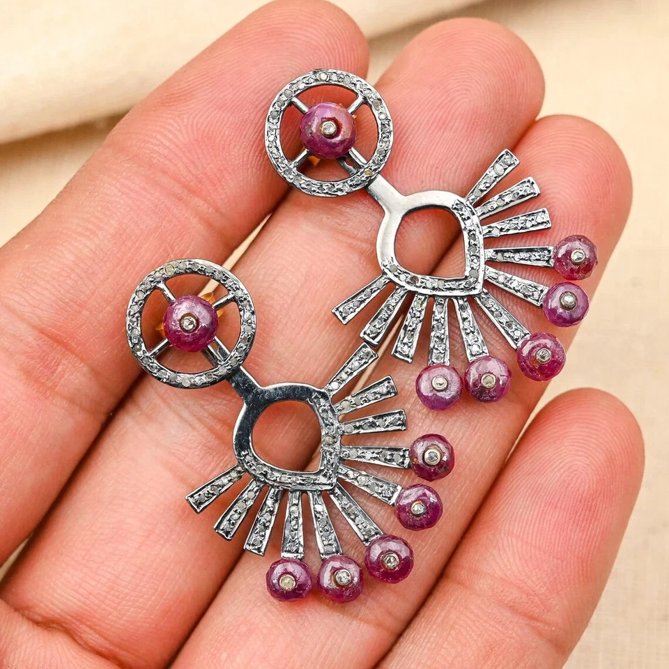 Wonderful Red Ruby &Pave Diamond Earring 925 Sterling Silver, Chandelier earring - Image 2 of 4