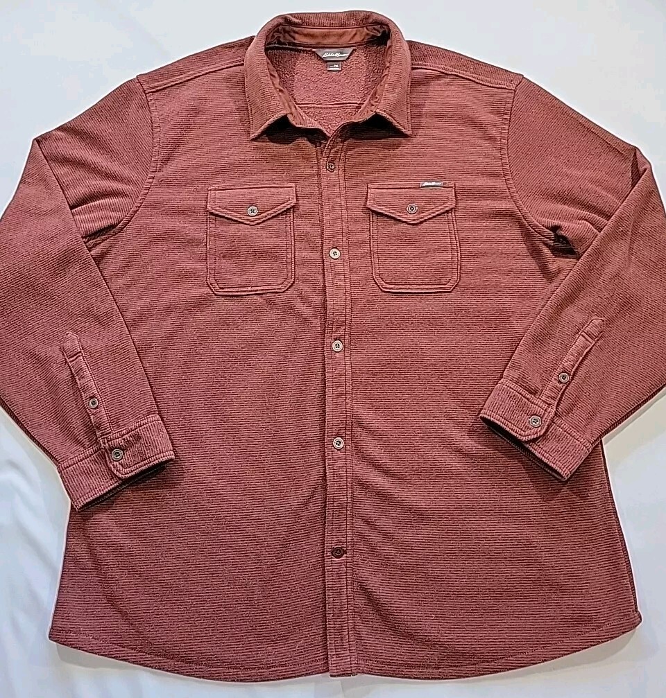 Eddie Bauer Microfleece Button Up Shirt Rust Red Stripe Men's Size