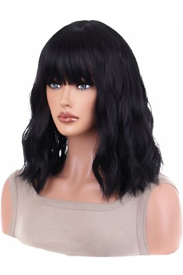 Black Wig Short Bob With Bangs Human Hair Blend | eBay display picture 2