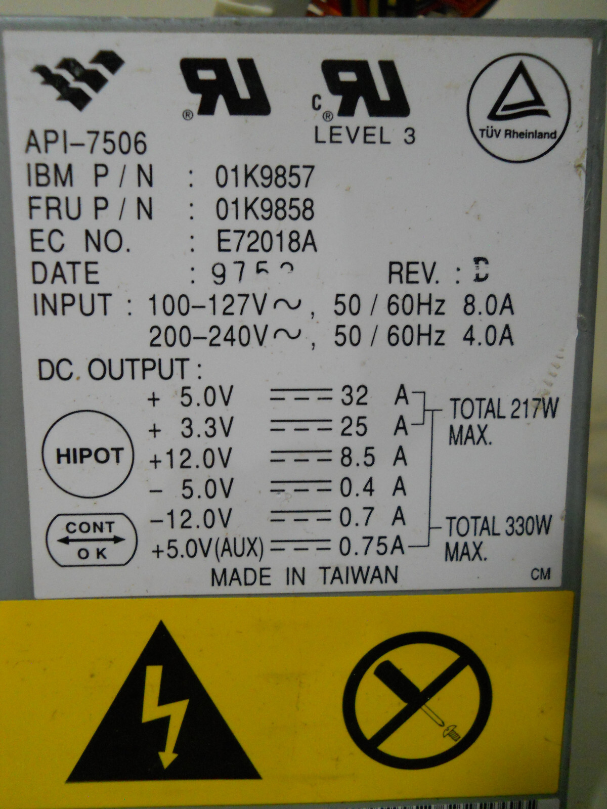 IBM API-7506 330W 20-pin ATX Power Supply Module Unit PSU Netfinity A30Z TESTED