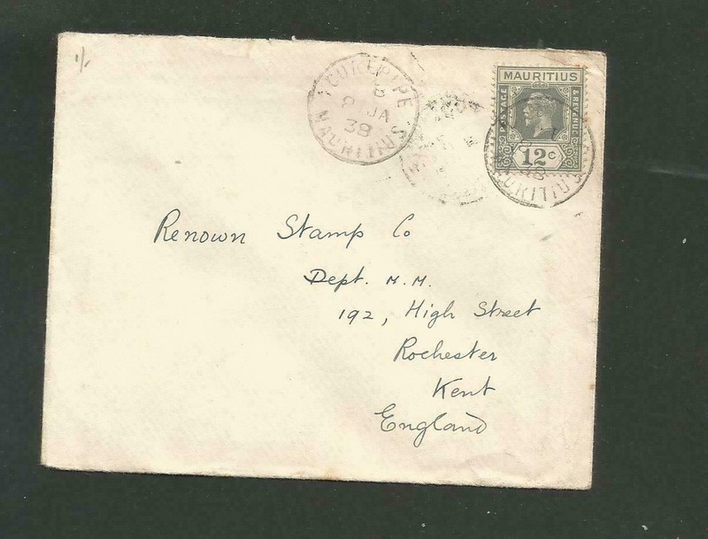 1938 Mauritius cover with Curepipe cancel to Kent, England. Port Louis Backstamp