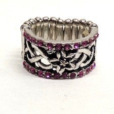 New Stretch Ring Pink Silver Tone Celtic Flower Floral Rhinestone Pave Boho