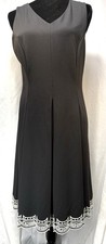 Talbots 10P Petite Black Sleeveless V-Neck A-Line Dress Lined Embroidered Hem