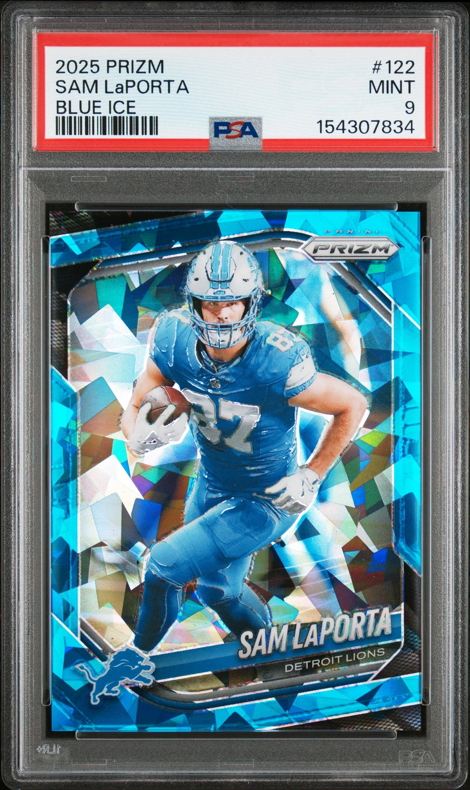 2025 Panini Prizm Sam Laporta #122 Blue Ice /99 PSA 9