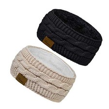 2 Pack Ear Warmer Headband Women Winter Cable Knit Headband Light Beige, Black
