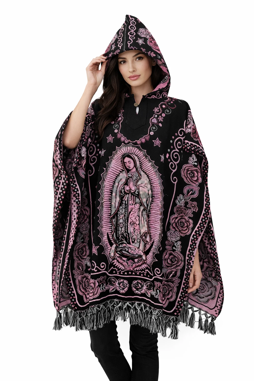 Mexican Virgen de Guadalupe Soft Poncho – Religious Design W/ Hoodie