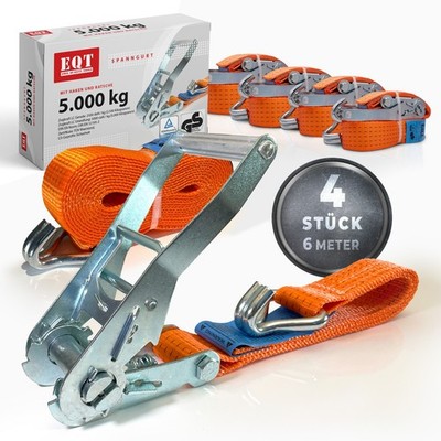 EQT 4 Stück 5000kg 6m Spanngurte mit Ratsche und Haken zweiteilig DIN EN 12195-2