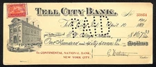 Tell City Bank Vintage Check 1901 Indiana Continental National Bank