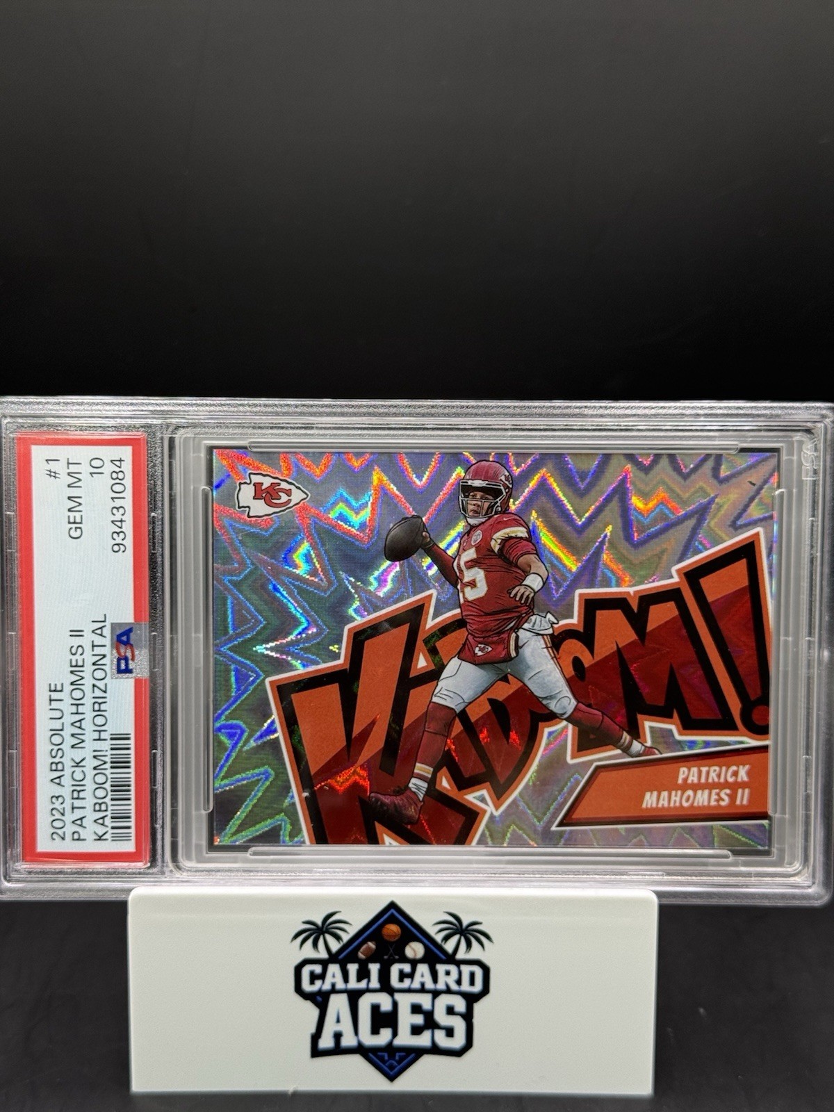 Patrick Mahomes II #1 Football Cards 2023 Panini Absolute Kaboom Horizontal trading card — raw and PSA graded price guide