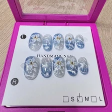 Handmade Hard Gel Press on Nail Art Kit Sz M Jewel Acrylic Resin Flower Blue