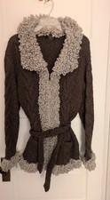 Native Knit SM Handknit Ecuador Gray CableKnit Wool Cardigan Loop Trim Belt Zip