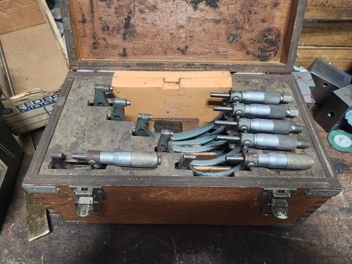 MITUTOYO OUTSIDE MICROMETER SET 103 0" To 6”; .0001" Grad. Japan Wood Box