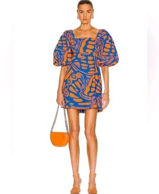Alexis Bodhi Puff Sleeve Mini Dress Orange Blue Size Medium Cutout Back 