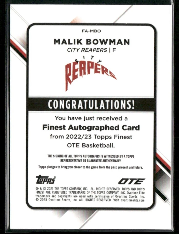 2022-23 Topps Finest OTE Overtime Elite - Finest Autographs Malik Bowman #FA-MBO - Image 2 of 2