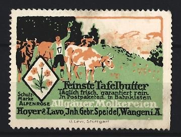 Reklamemarke Allgäu, Hoyer & Lavo, Inh. Gebr. Speidel, Tafelbutter, Alpenrose u 