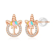 Unicorn Earrings for Girls, Letter T Initial Earrings for Little Girls Toddler E