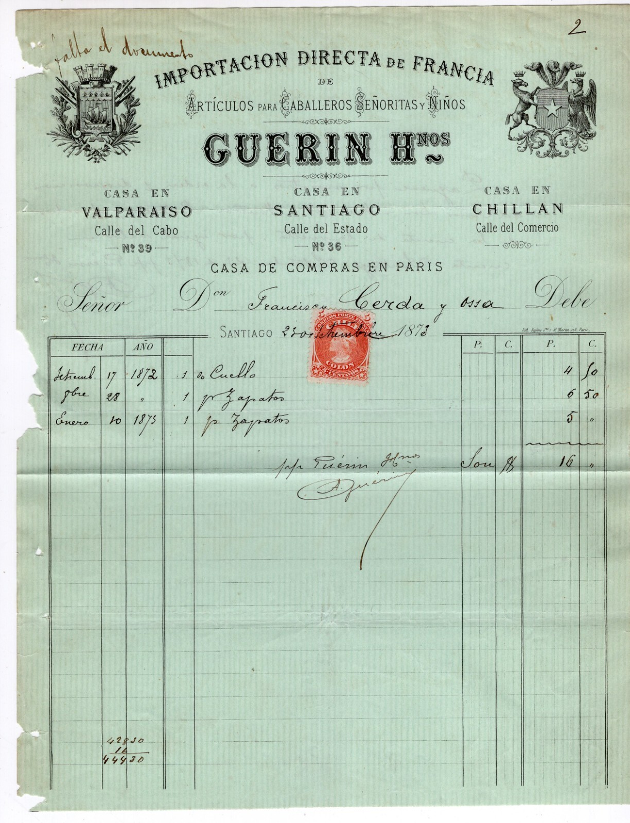 Chile 1873 Fiscal document nice franking GUERIN Hnos
